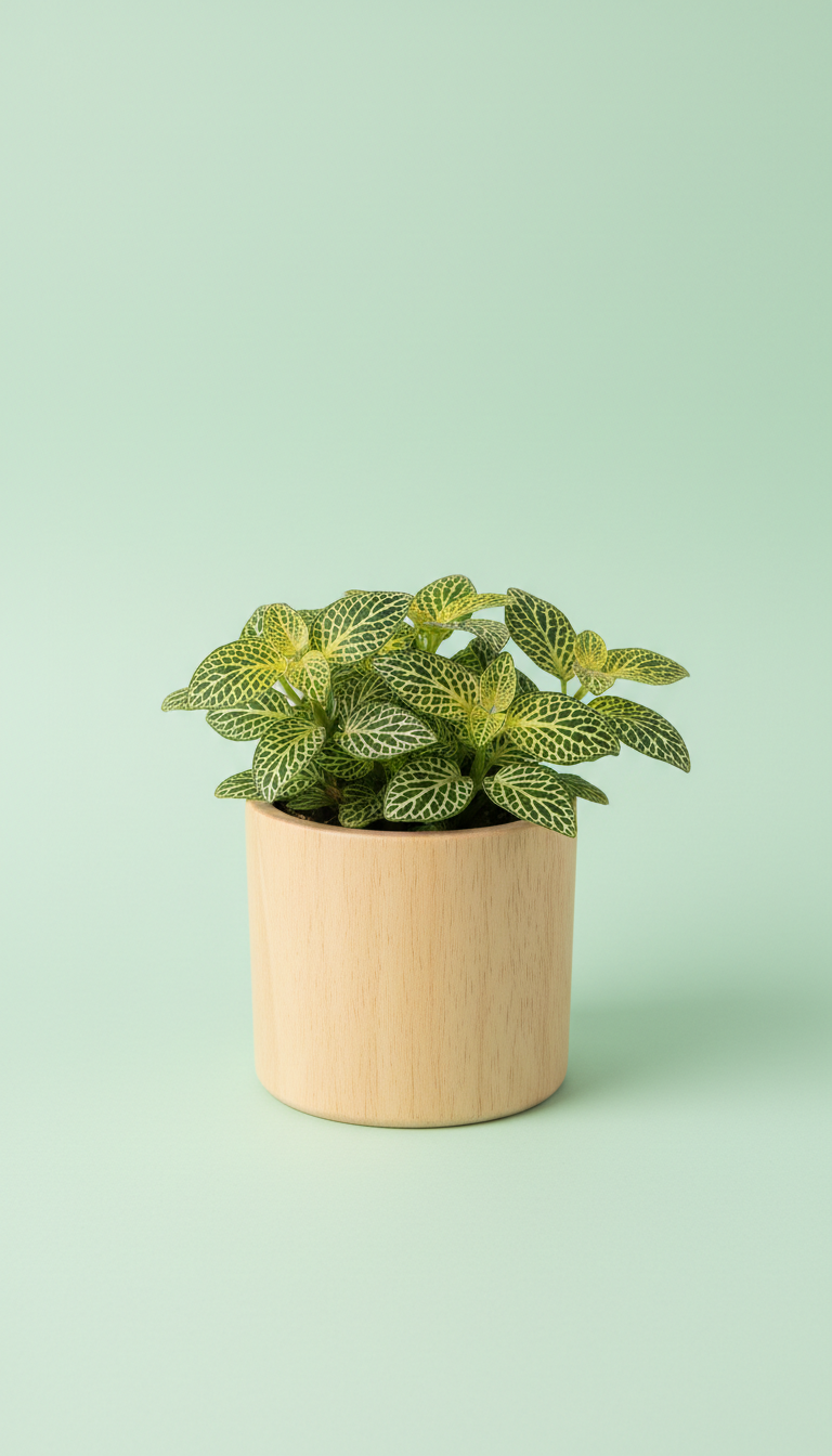 Fittonia nerviosa en macetero de madera clara